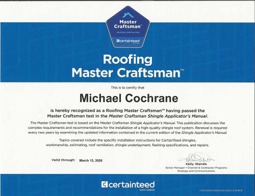 Certainteed Master Craftsman Certificate